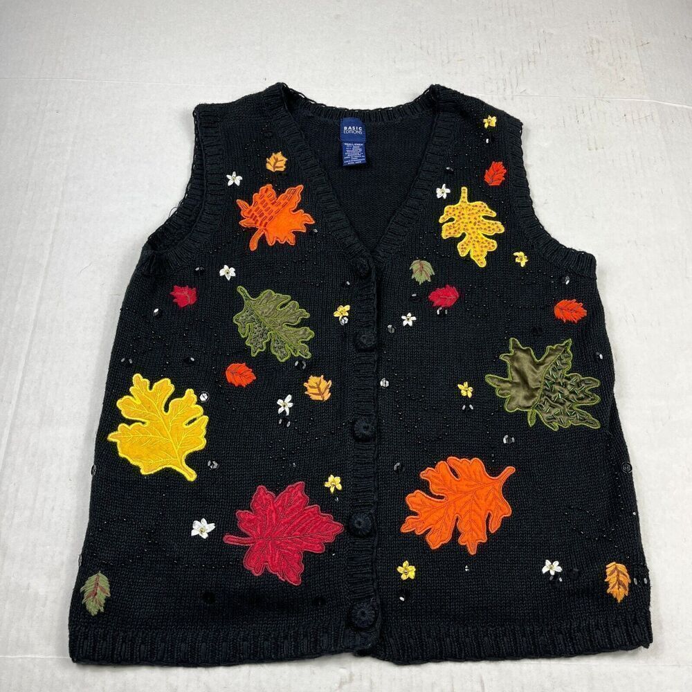 Basic Editions Embroidered Sweater Vest Fall Leaf Grandmacore Cozy Knit SMALL